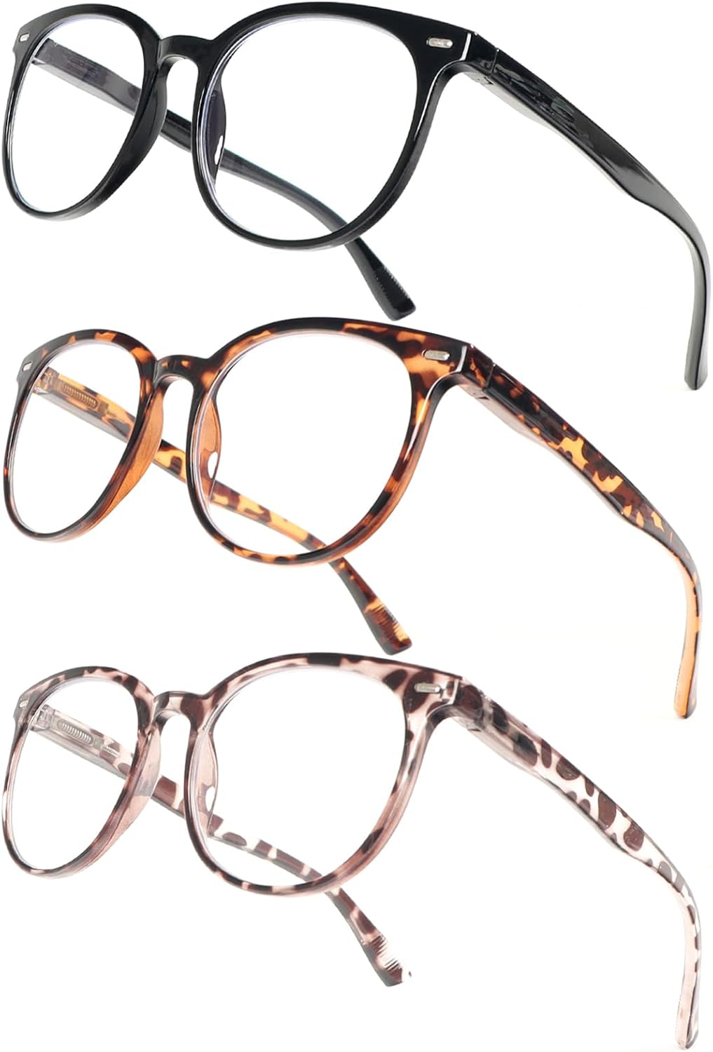 KoKoBin 3 Pack Reading Glasses for Women Round Style Frame Spring Hinges with Three Soft Glasses Cases