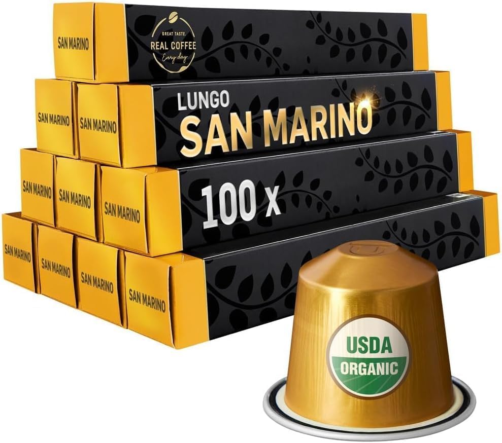 ‘San Marino’ Organic Italian Lungo for Nespresso | 100 Organic Aluminum Capsules | Eco-Friendly Medium Roast | 100% Nespresso Compatible Pods | Fairtrade