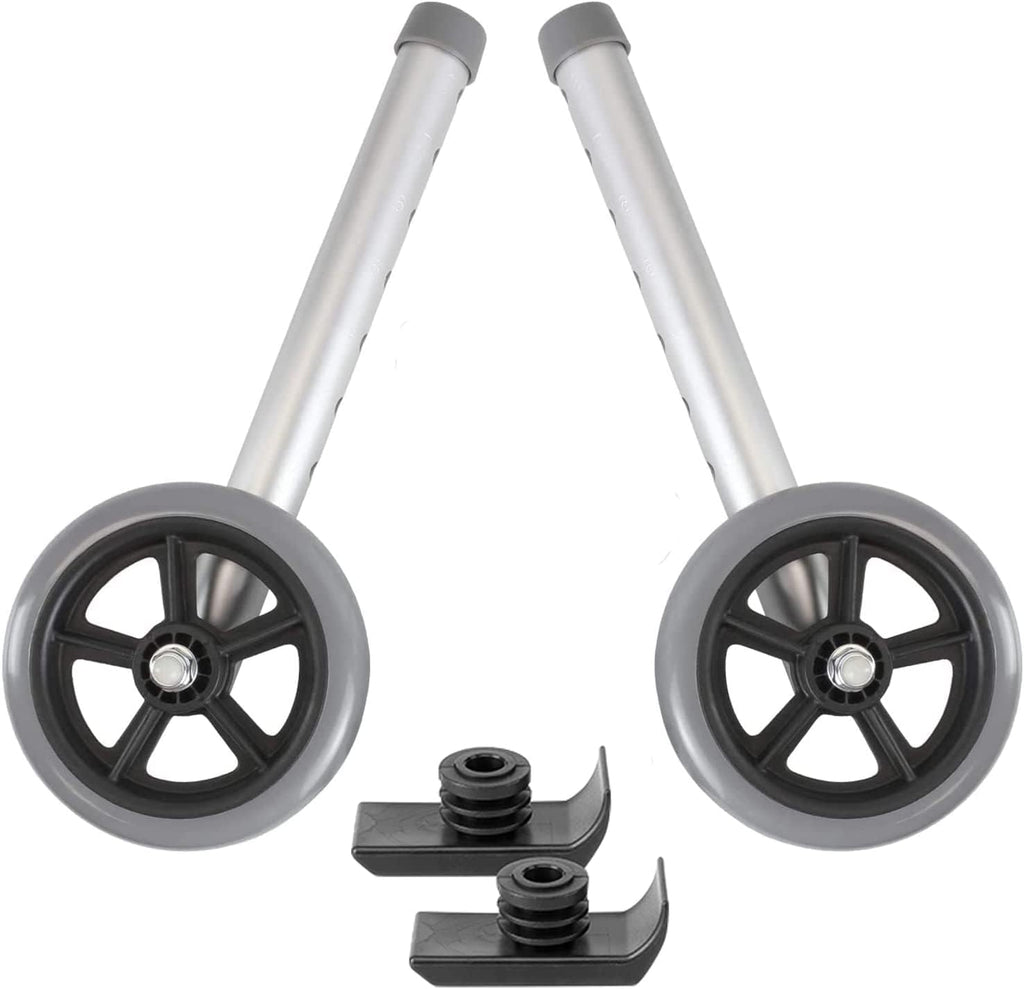 Walker Wheels and Ski Glides - Replacement Feet - Accessories Parts Set for Folding Medical Walkers - Universal Front, Back Stability Safety Wheel - Includes 2 Glide Tips, Two 5 Inch Rubber Wheel