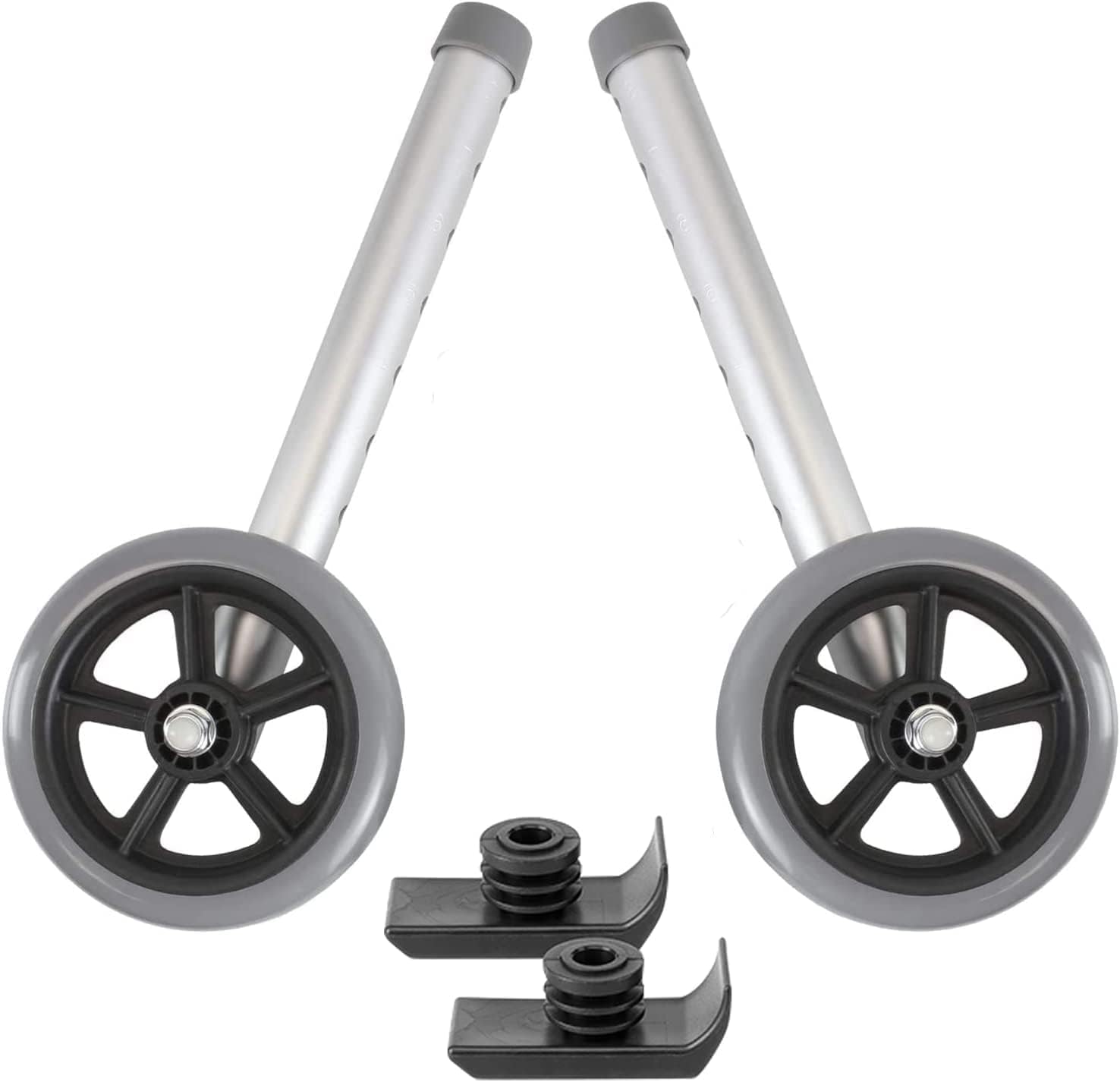 Walker Wheels and Ski Glides - Replacement Feet - Accessories Parts Set for Folding Medical Walkers - Universal Front, Back Stability Safety Wheel - Includes 2 Glide Tips, Two 5 Inch Rubber Wheel