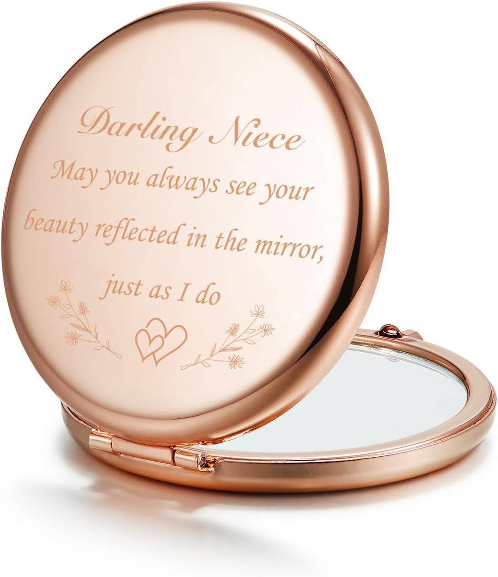 Gifts for Niece, Personalized Compact Mirror, Unique Small Christmas Stocking Stuffers Gift for Her (Rose Gold)