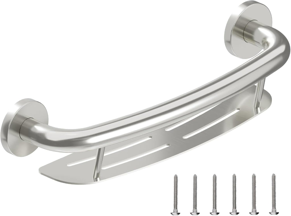 HEALTHCRAFT Plus 2-in-1 Shampoo Shelf and Grab Bar 16" inch, ADA Compliant, Wall-Mounted Bathroom Safety Grab Bar for Seniors, Supports up to 500 lbs in Brushed Stainless