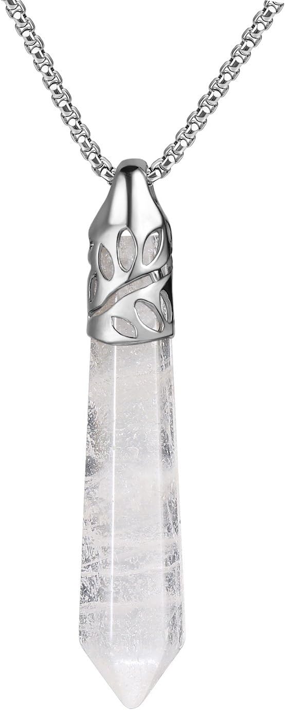 BEADNOVA Healing Crystal Necklace for Women Men White Quartz Pendant Energy Healing Gemstones Jewelry Pendulum Crystal Divination (Hexagonal, 18 Inches Stainless Steel Chain)