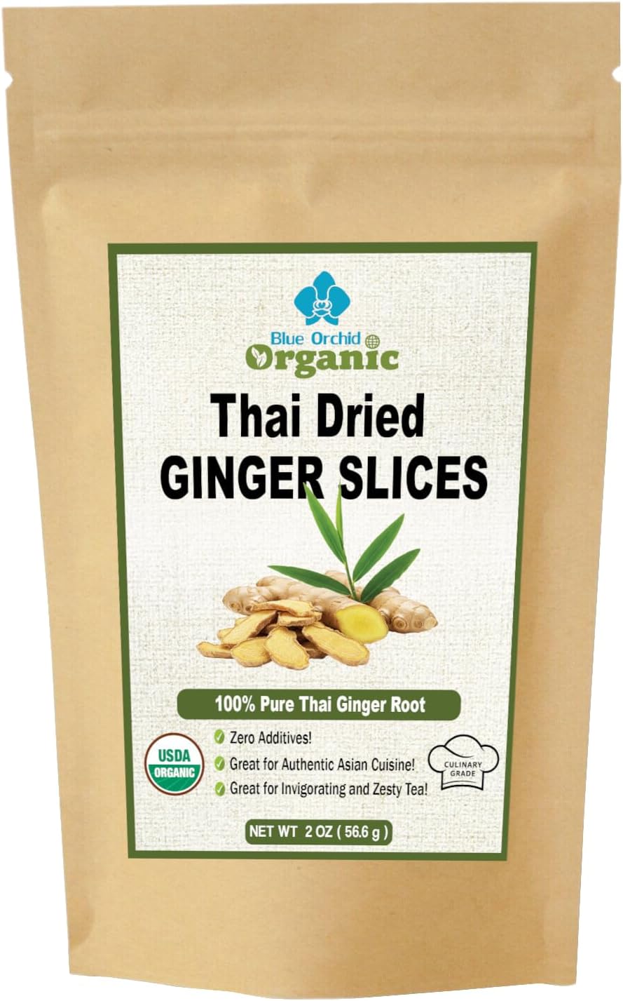 USDA Certified Organic Dried Ginger Root Slices 2 OZ - Premium Sun Dried Thai Spice, Carefully Sliced, Cut & Sifted Zingiber Officinale for Flavorful Teas, Warming Soups, and Authentic Asian Cuisine