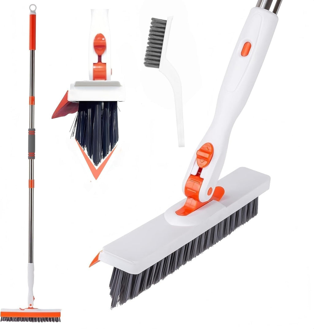 Grout Cleaning Brush with Adjustable Long Handle, V-Shaped Grout Scrub Brush for Tile Floors, 2 in 1 Stiff Bristle Scrub Brush for Crevice, Tile Line, Shower, Kitchen, Bathroom