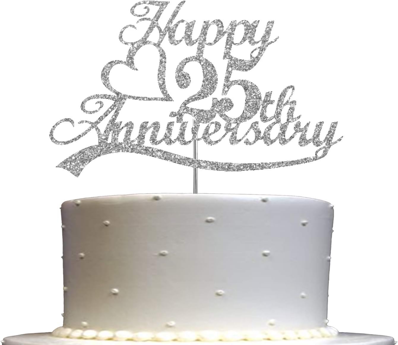 25th Anniversary Cake Topper Silver Glitter, 25 Wedding Anniversary Party Decoration Ideas, Premium Quality, Sturdy Doubled Sided Glitter, Acrylic Stick. Made in USA (25th Silver)