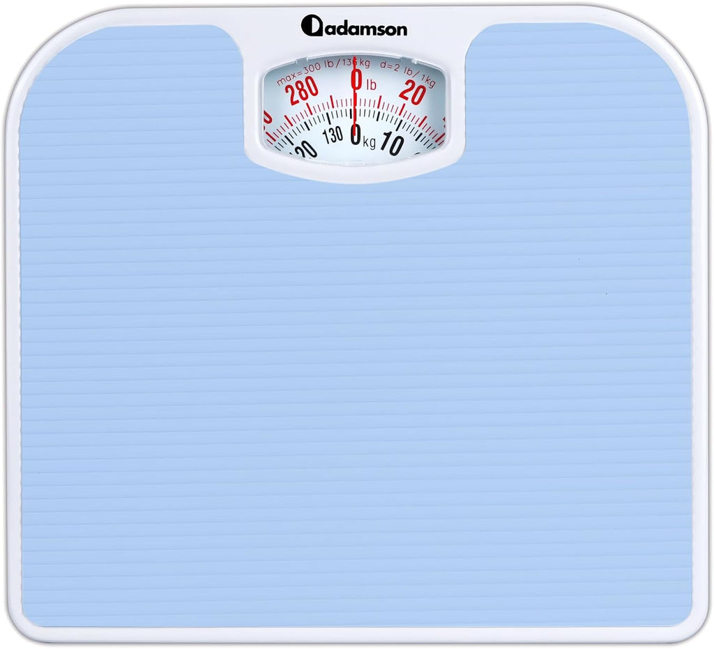 Adamson A21 Analog Scales for Body Weight - Up to 300 LB - New - Anti-Skid Rubber Surface + Large Numbers - Analog Bathroom Scale - Affordable - Durable with 20-Year Assurance - Light Blue