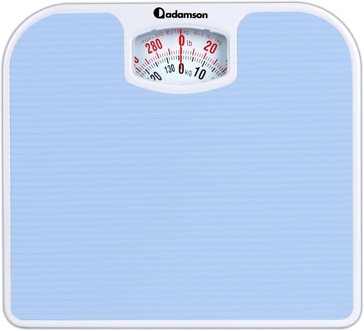 Adamson A21 Analog Scales for Body Weight - Up to 300 LB - New - Anti-Skid Rubber Surface + Large Numbers - Analog Bathroom Scale - Affordable - Durable with 20-Year Assurance - Light Blue
