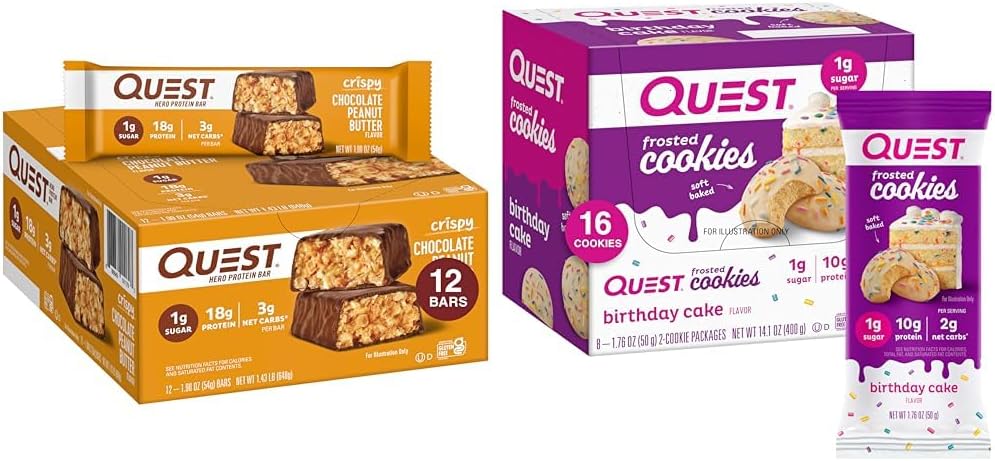 Quest Nutrition Crispy Chocolate Peanut Butter Hero Protein Bar 18g Protein 12 Count and Frosted Cookies Twin Pack Birthday Cake 1g Sugar 16 Cookies