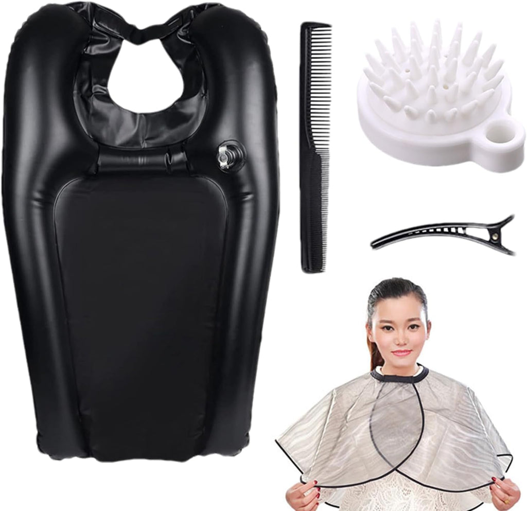 Shampoo Basin - Inflatable Hair Washing Tub, Portable Sink Side Rinse Bowl with Waterproof Shawl Cover Set, Comfortable Neck Support Cushion, Ideal for Home Bedridden Elderly Care Use