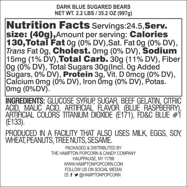 Dark Blue Gummy Bears Sugared, 2.2 Pound Bag, Blue Candy, Blue Raspberry Flavored, The Hampton Popcorn & Candy Company