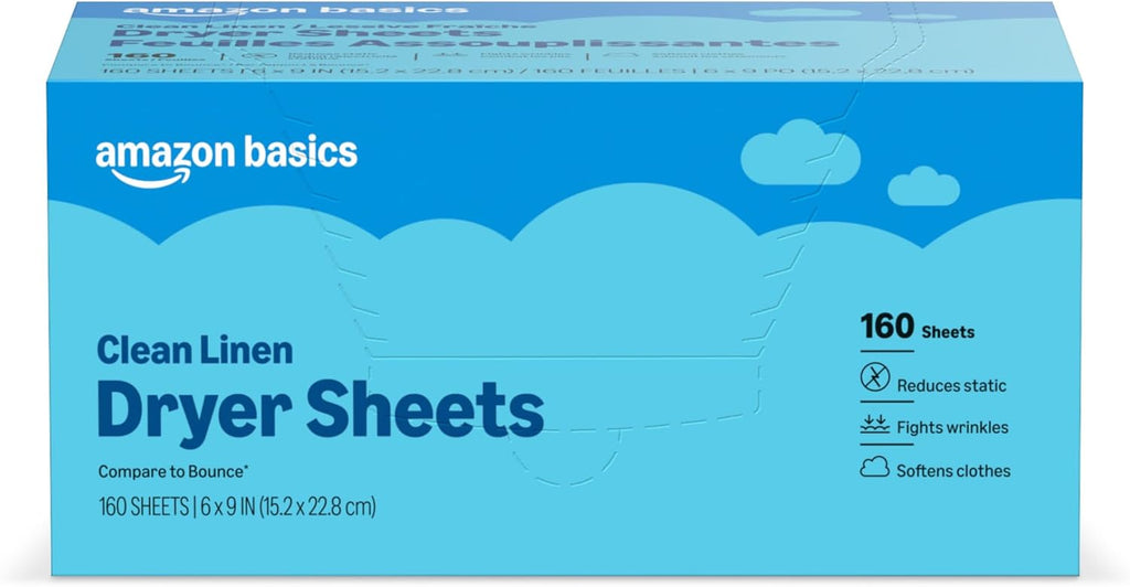 Amazon Basics Dryer Sheets, Clean Linen Scent, Laundry Fabric Softener, 160 Sheets