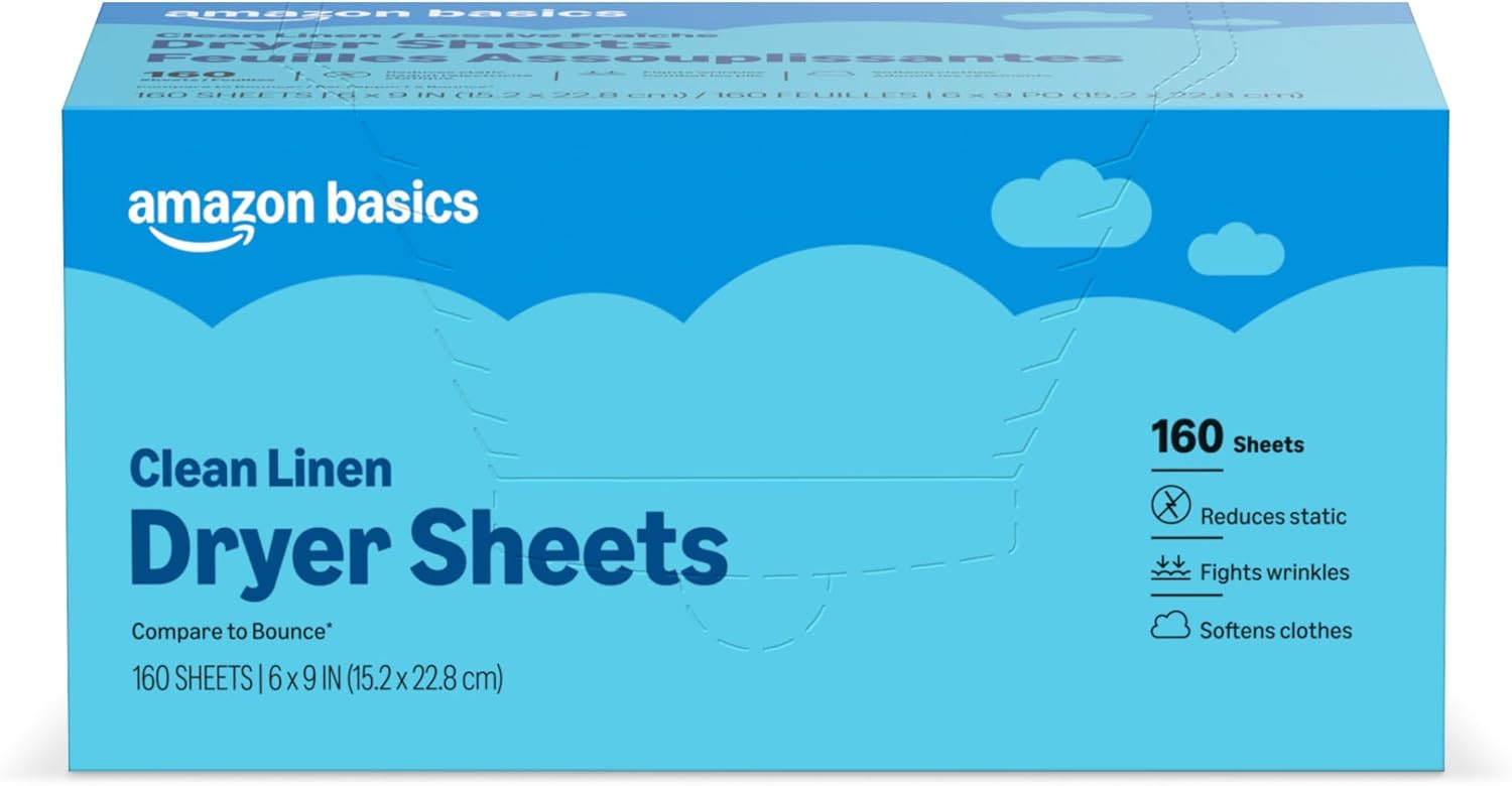 Amazon Basics Dryer Sheets, Clean Linen Scent, Laundry Fabric Softener, 160 Sheets