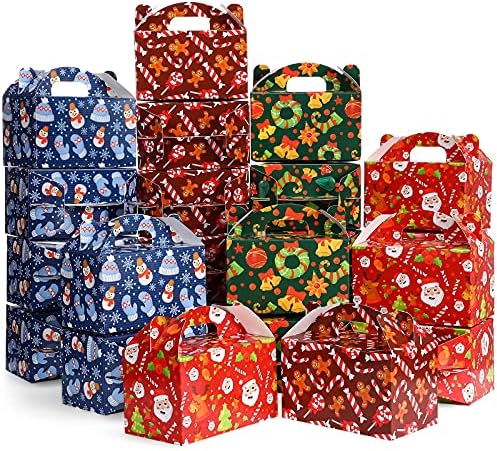 Clabby 24 Pcs Christmas Treat Boxes with Handles 3D Christmas Cookie Gift Boxes Cardboard Goodie Candy Bags Xmas Santa Elf Snowman Elk Gingerbread Holiday Party Favor Supplies, 4 Design(Novelty Style)