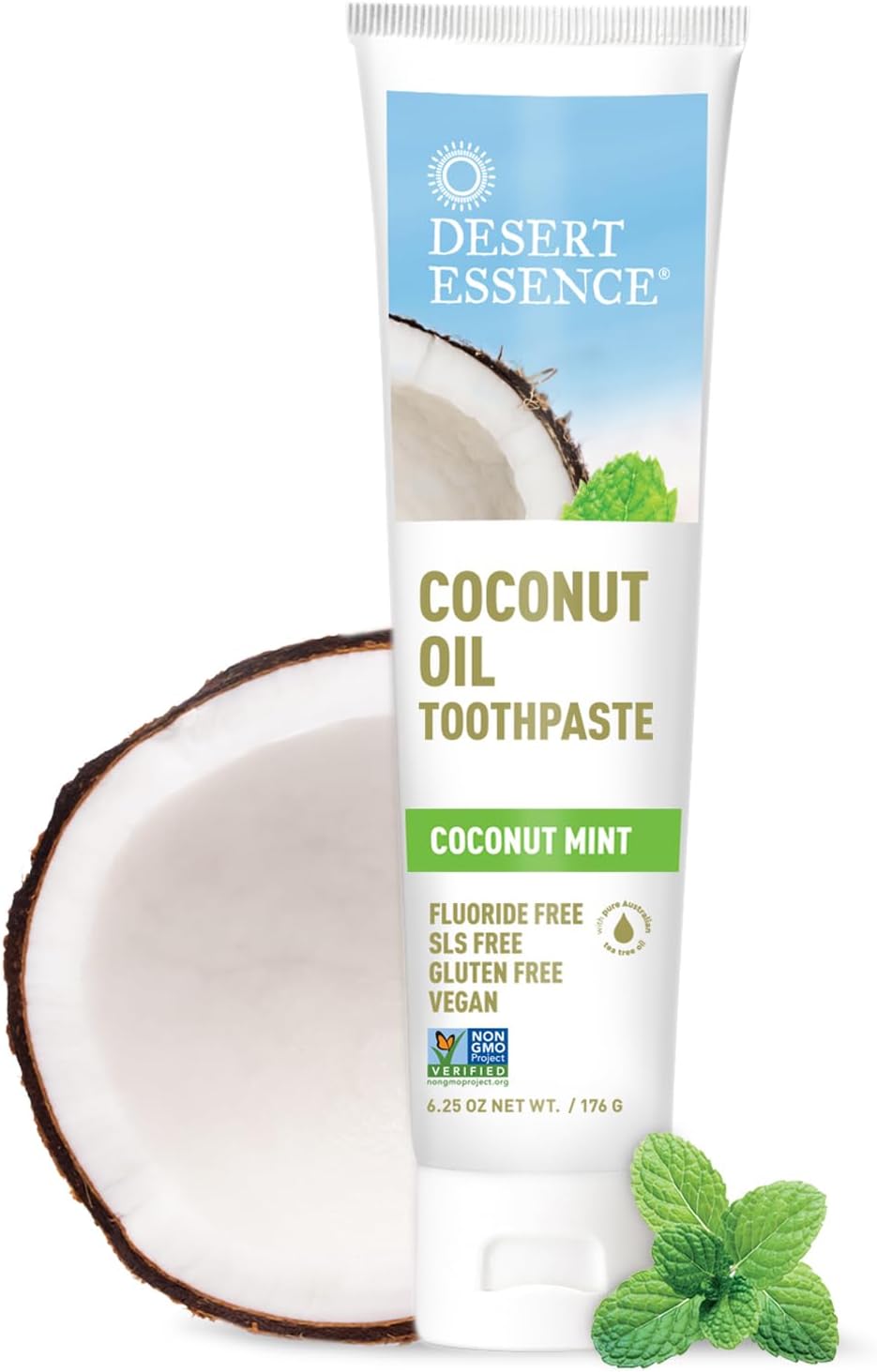 Desert Essence Tea Tree Oil Toothpaste - Coconut Mint - 6.25 Oz - Refreshing Taste - Complete Oral Care - Baking Soda - Sea Salt - Pure Essential Oil - Fights Against Sugar Acids - Zinc Citrate