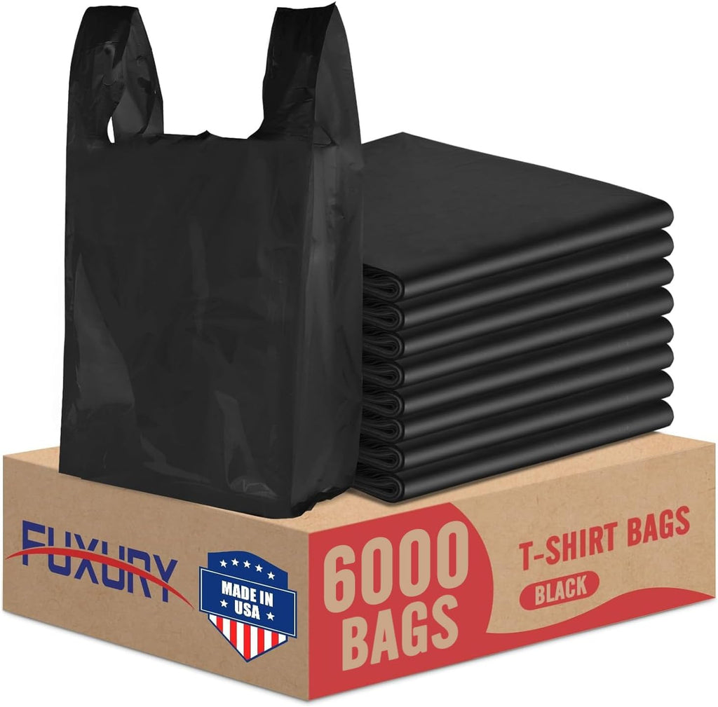 Fuxury 6000 (6K) Count Plastic T-shirt Bags Black 11.5" x 6.5" x 21", Grocery, Trash, Take Out, To Go, Restaurants, Retail Shopping Bags in Bulk for Small Business