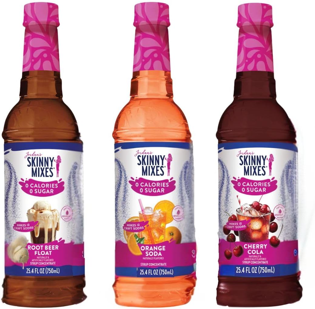 Skinny Mixes Sugar-Free Syrup Concentrate Variety Pack, 0 Calories, 0 Sugar, Root Beer Float, Orange Soda, Cherry Cola Flavors, 25.4 Fl Oz Bottles