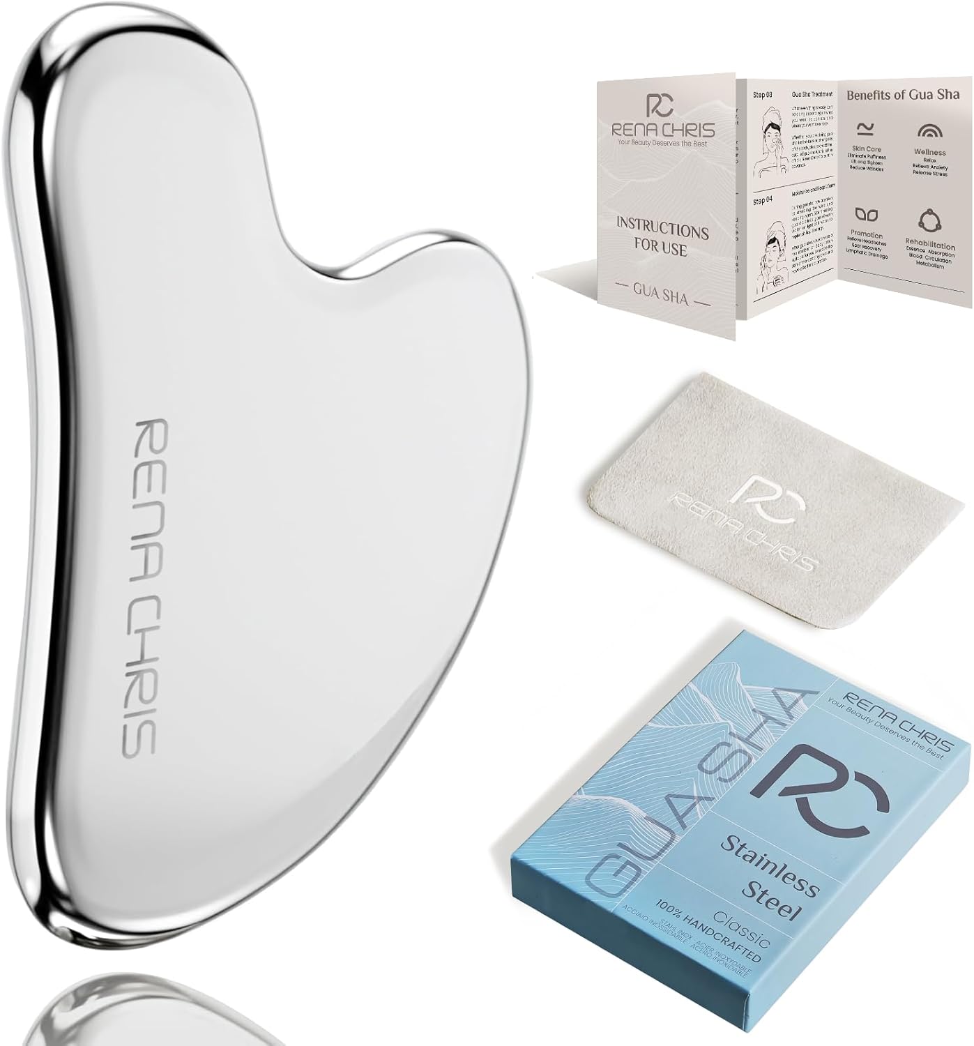 Rena Chris Gua Sha Facial Tools, Stainless Steel Guasha Tool for Acupuncture, Manual Massage Tool for Jawline Sculpting and Puffiness Reducing, Gua Sha Facial Massage Tool, Skin-Care Gift (Silver)