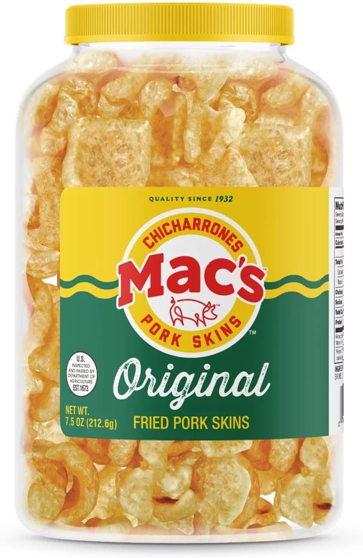 Mac's Pork Rinds, Fried Pork Skins, Original, 7.5 Ounce Canister - Zero Carbs, Keto Friendly Snack, Gluten Free