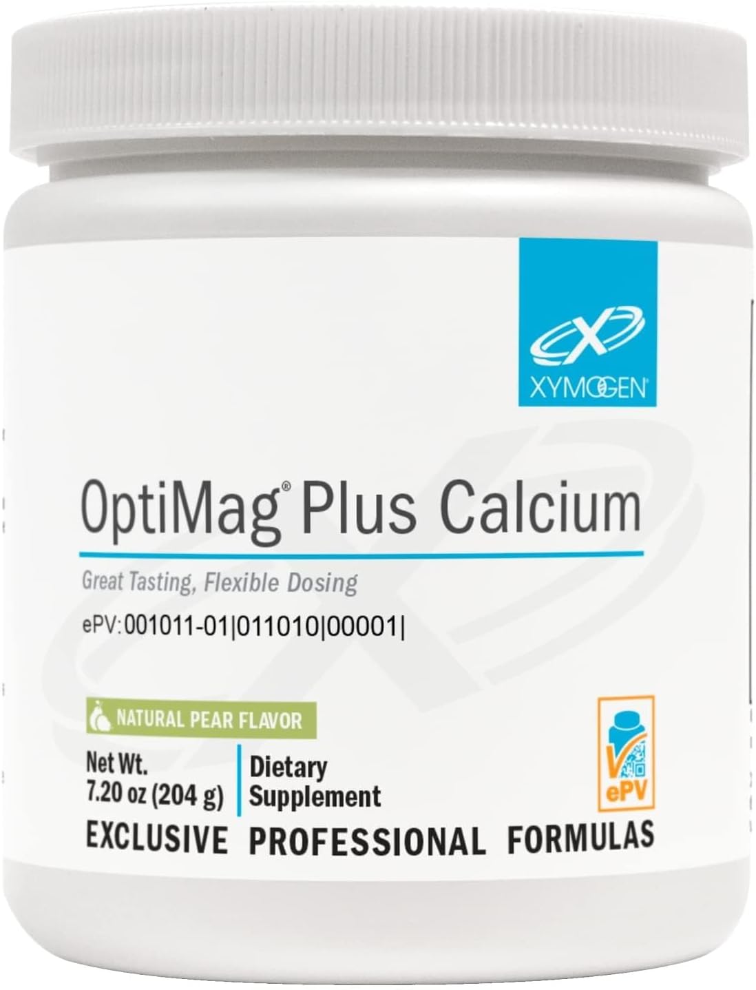 XYMOGEN OptiMag Plus Calcium - Great-Tasting Magnesium Powder with Calcium to Support Calm Behaviors, Healthy Mood, Healthy Bone + Muscle Function - Pear Flavor, with Magnesium Malate (7.2 oz)