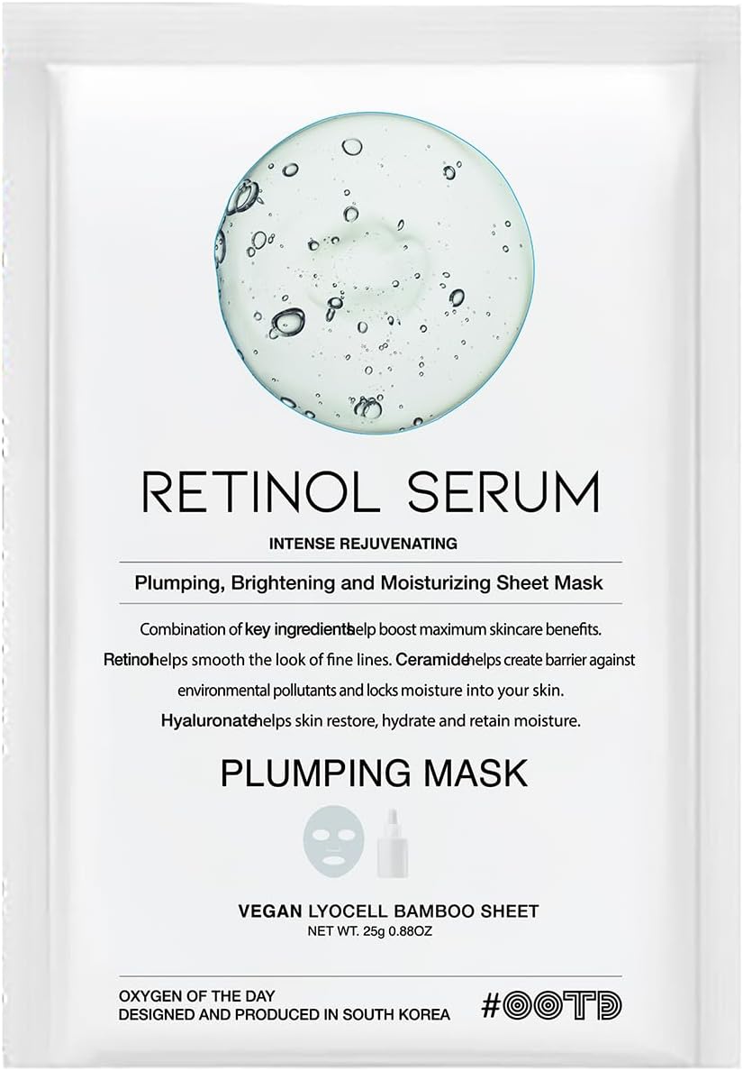 Rejuvenating Retinol Sheet Mask Korean Vegan Wrinkle Lifting, Plumping and Moisturizing Sheet Mask, Retinol, Ceramide, Hyaluronate 10EA
