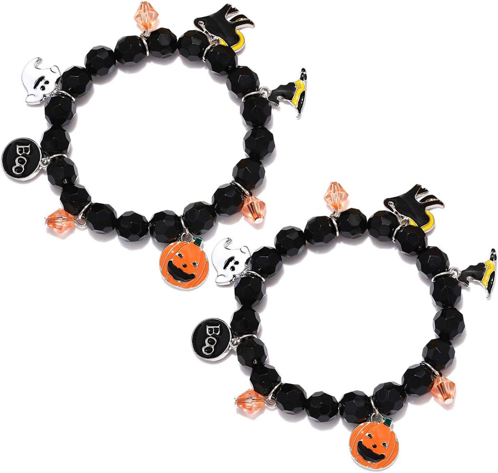 NVENF 2PCS Halloween Bracelets for Women Pumpkin BOO Ghost Charm Bracelets Black Bead Stretch Bracelet Set Costume Party Gifts