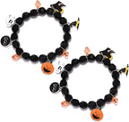 NVENF 2PCS Halloween Bracelets for Women Pumpkin BOO Ghost Charm Bracelets Black Bead Stretch Bracelet Set Costume Party Gifts