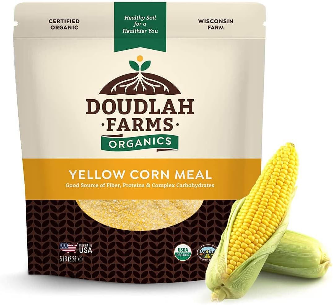 Organic Yellow Cornmeal 5 lb Fine Grind - Non-GMO, Gluten-Free, Sugar-Free, Farmed From Regenerative Soil, Vegan, Grown In USA, For Baking Cornbread, Muffins, Pancakes, and More by Doudlah Farms