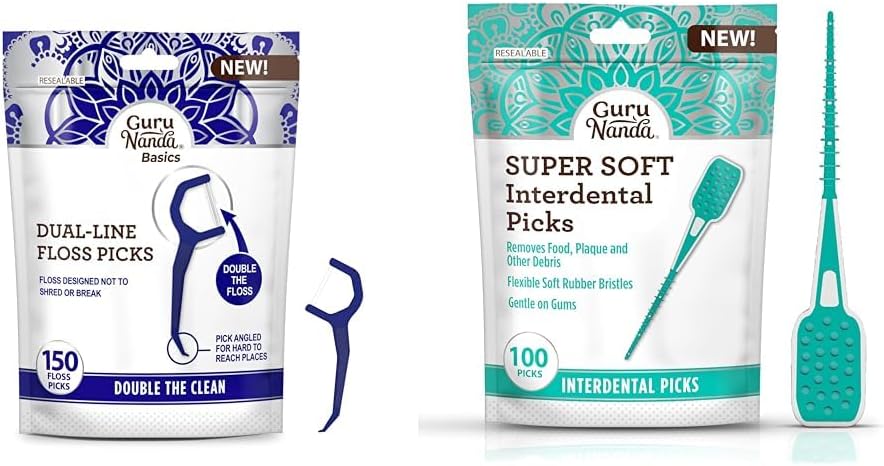 GuruNanda Dual Line Floss Picks (150 ct) & Interdental Picks (100 ct) - Double-Threaded Dyneema Floss with Angled Pick & Super Soft Rubber Bristles for Effective Plaque Removal