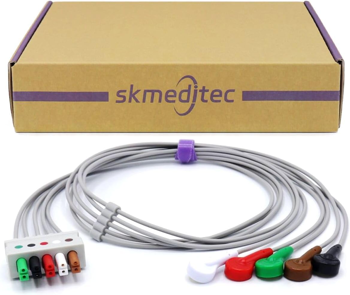 3FT 5 Leads Cable AHA Snap Wire Compatible with AAMI/MindrayDatascope and Most Monitors, TPU Cord with Twin Pin Style Connector