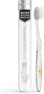 Nano-b Manual Toothbrush for Adults with Sensitive Gums, Silver Soft/Medium Bristles, Travel Case, Crystal