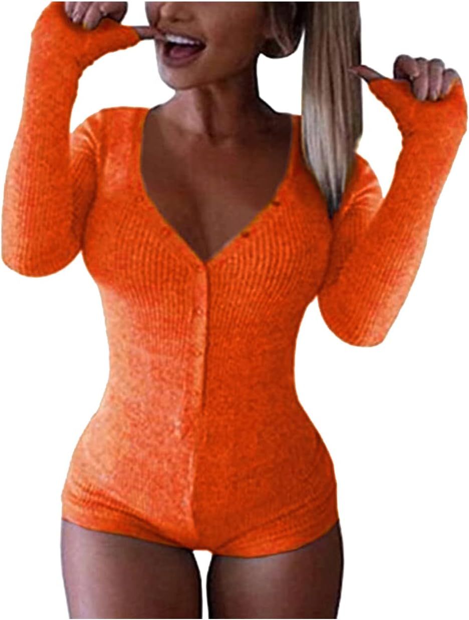 Roselux Women's Sexy Deep V Neck Shorts Long Sleeve Knitted One Piece Bodysuit Sexy Pajama Onesie Bodycon Rompers Overall