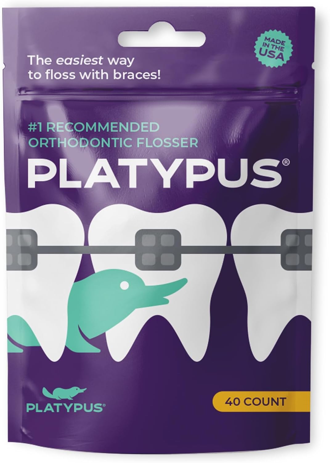 Platypus Orthodontic Flossers for Braces, 40 Count (Pack of 1), Ortho Picks for Adults & Kids, Fits Under Arch Wire, Non-Damaging, Encourage Flossing Habits