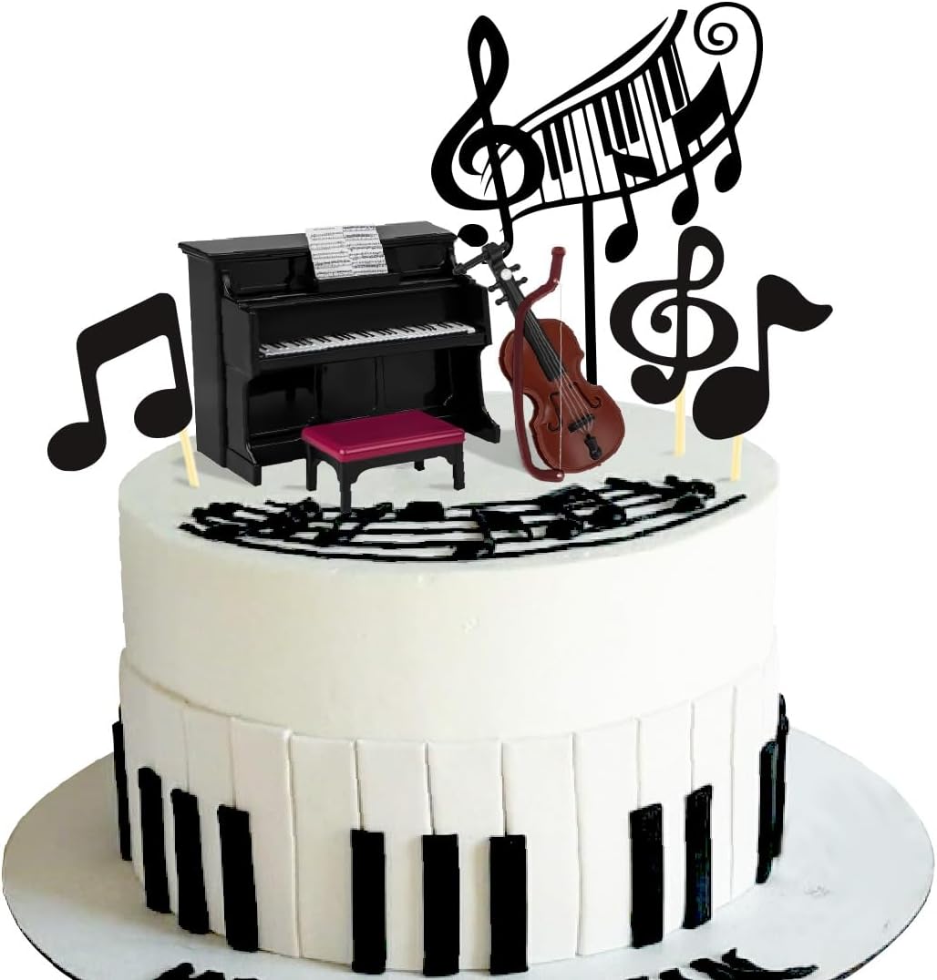 Music Cake Toppers - Piano & Violin Cake Decorations Set with Musical Score Notes for Themed Birthday Party