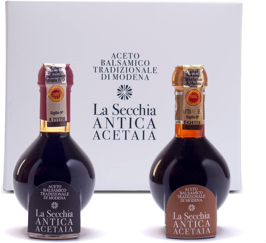La Secchia - "Duetto", Aged 20 and 35 years, Traditional Balsamic Vinegar of Modena DOP, Two Bottles of 100 ml with Glass Dosing Cap