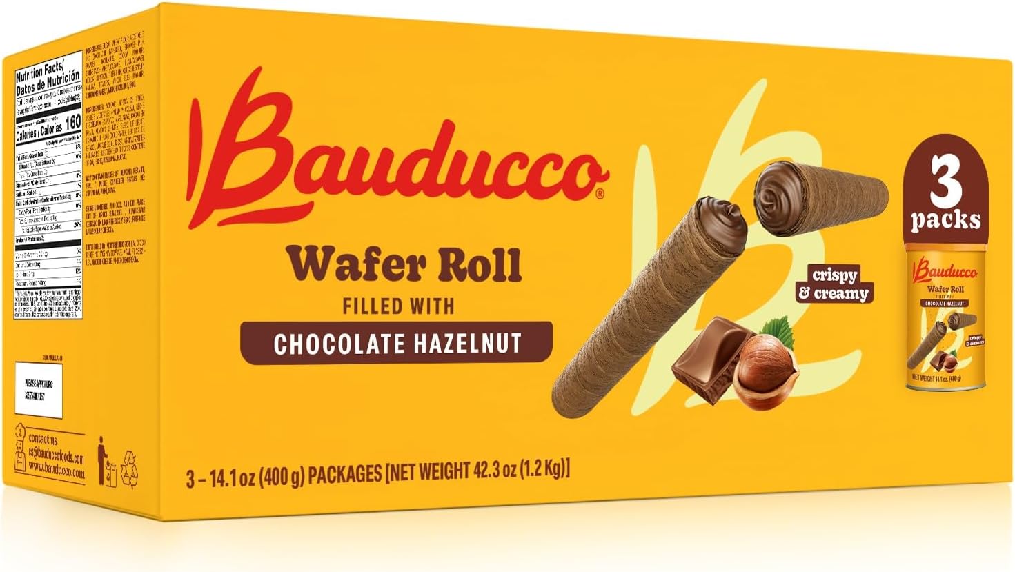 Bauducco Wafer Rolls, Crispy Chocolate Wafer Rolls Filled with Creamy Hazelnut, 42.3 oz (3-Pack)