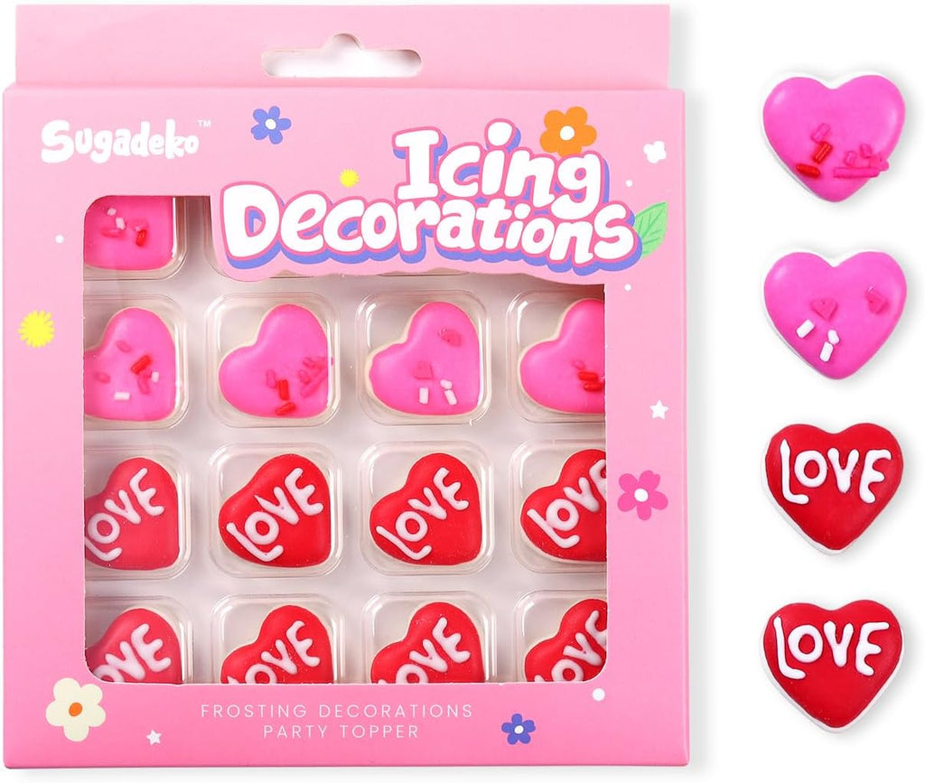 16 Count Edible Heart Cake Decorations, Pink and Red Icing Decorations, Edible Sugar Sprinkles for Valentines Cakes Toppers, Cookies, Cupcakes Toppers