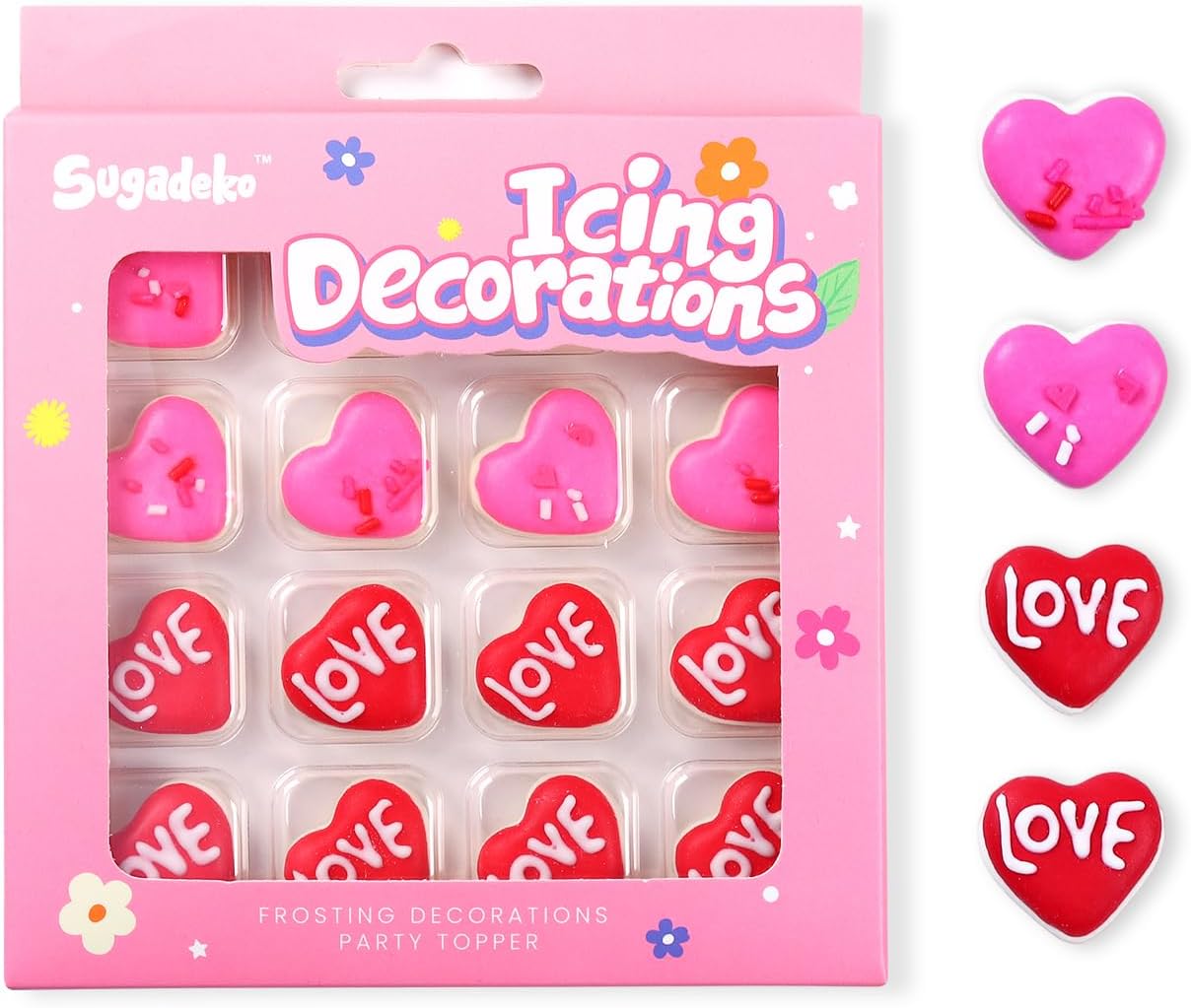 16 Count Edible Heart Cake Decorations, Pink and Red Icing Decorations, Edible Sugar Sprinkles for Valentines Cakes Toppers, Cookies, Cupcakes Toppers