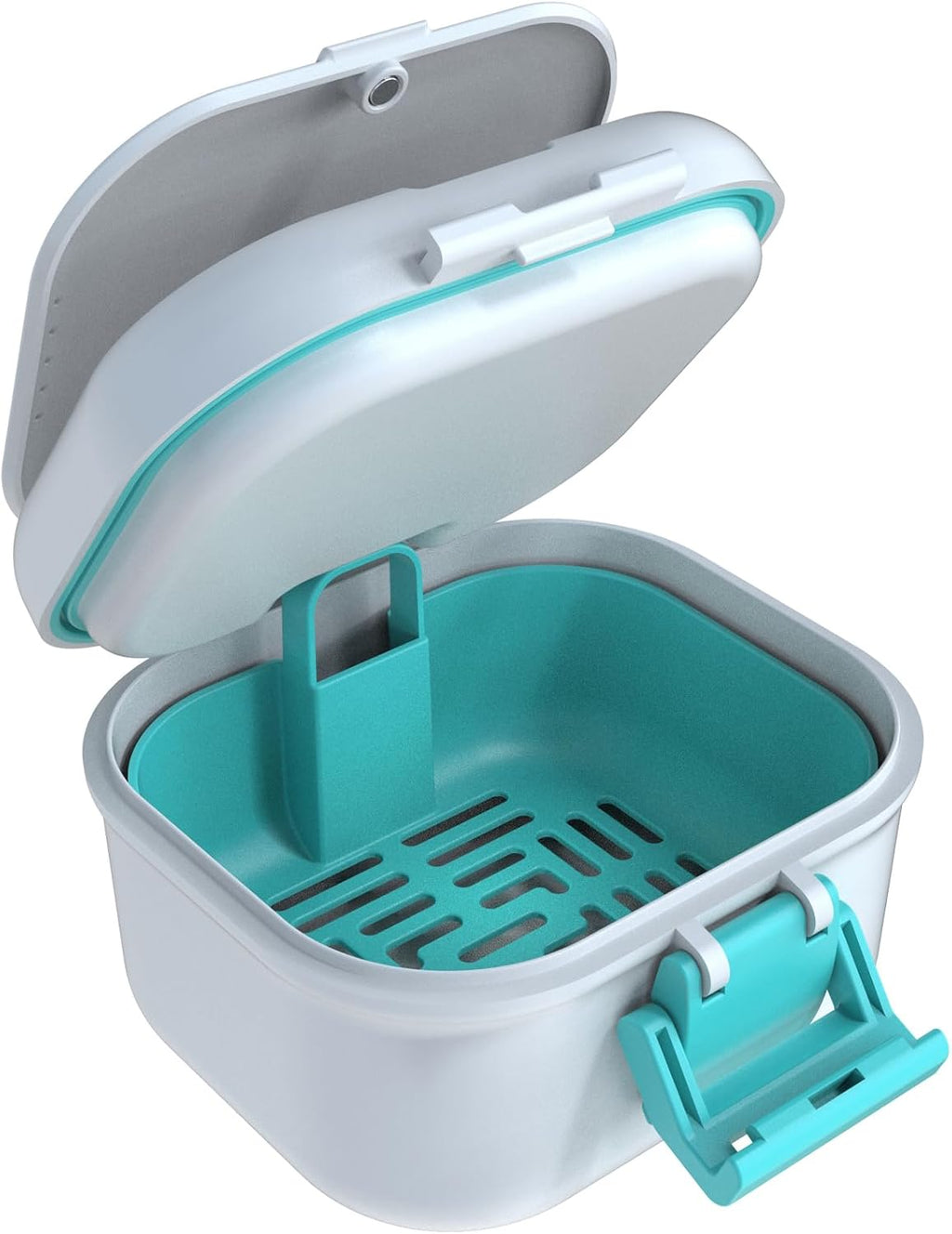 ARGOMAX Leak Proof Denture Bath Cup, Portable Soaking Denture Box, Denture Bath Case with Strainer, for Dentures and Braces, Upgraded Version with Storage Compartment (White + Cyan).