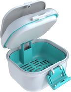 ARGOMAX Leak Proof Denture Bath Cup, Portable Soaking Denture Box, Denture Bath Case with Strainer, for Dentures and Braces, Upgraded Version with Storage Compartment (White + Cyan).