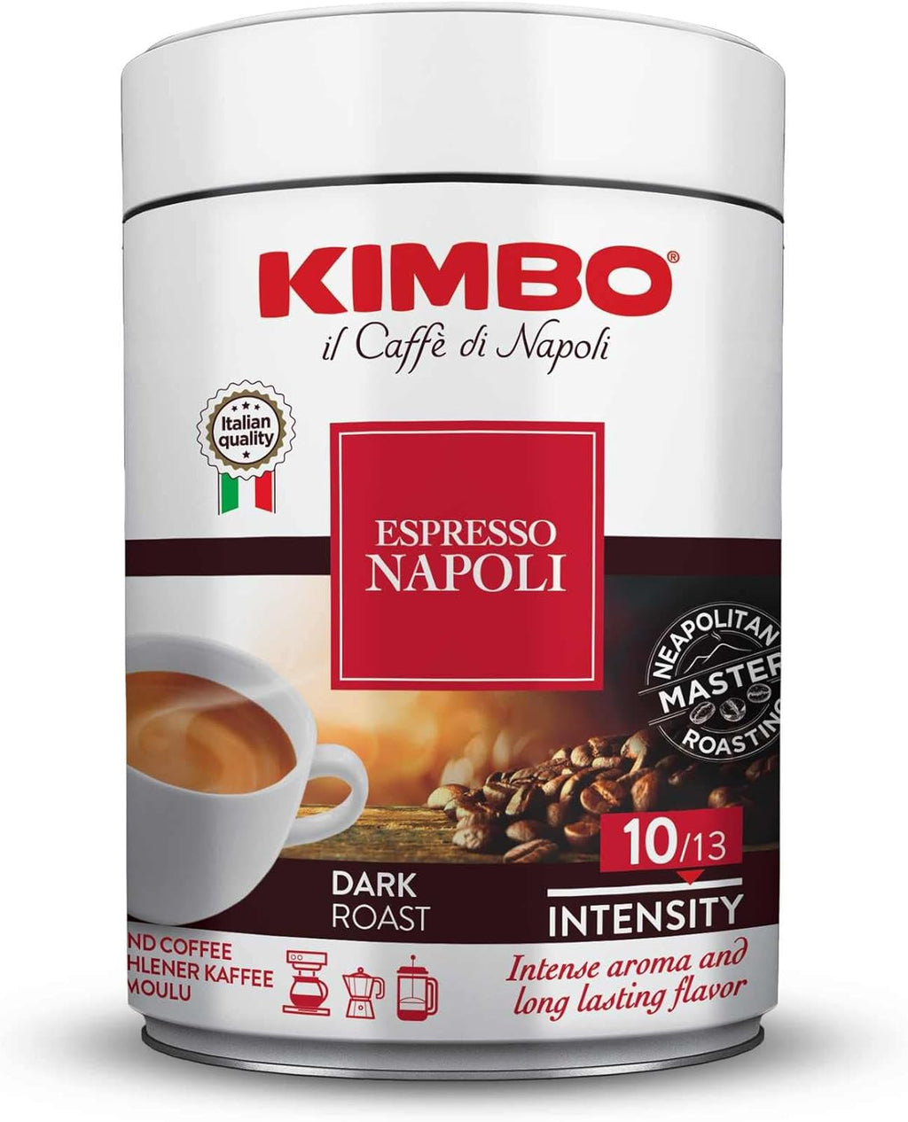 Kimbo Espresso Napoletano - Ground Coffee - Blended and Roasted in Italy - Dark Roast with a Well Balanced and Persistent Napoli Taste - 8.8 oz Can