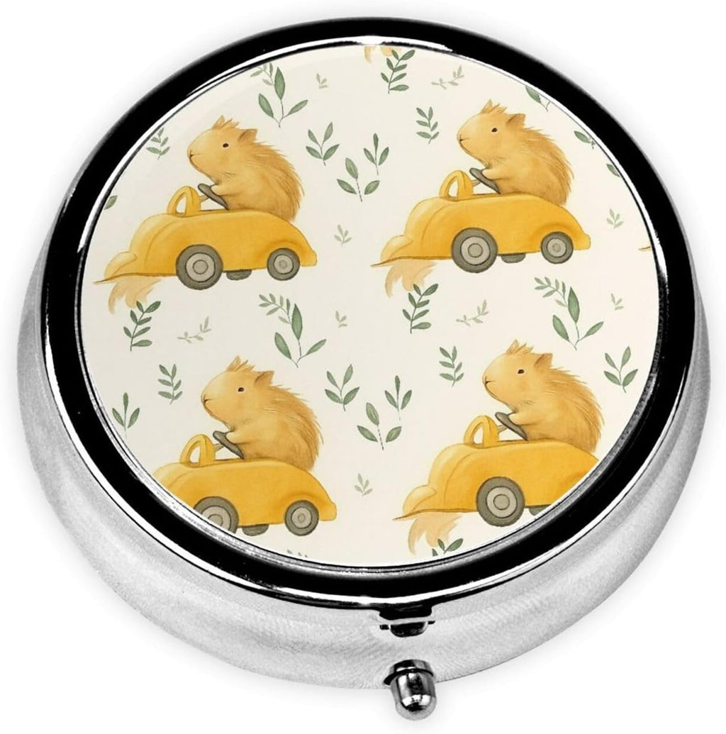 Cute Guinea Pig Driving Car Pill Box Portable Round for Pocket Purse with 3 Compartments