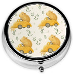 Cute Guinea Pig Driving Car Pill Box Portable Round for Pocket Purse with 3 Compartments