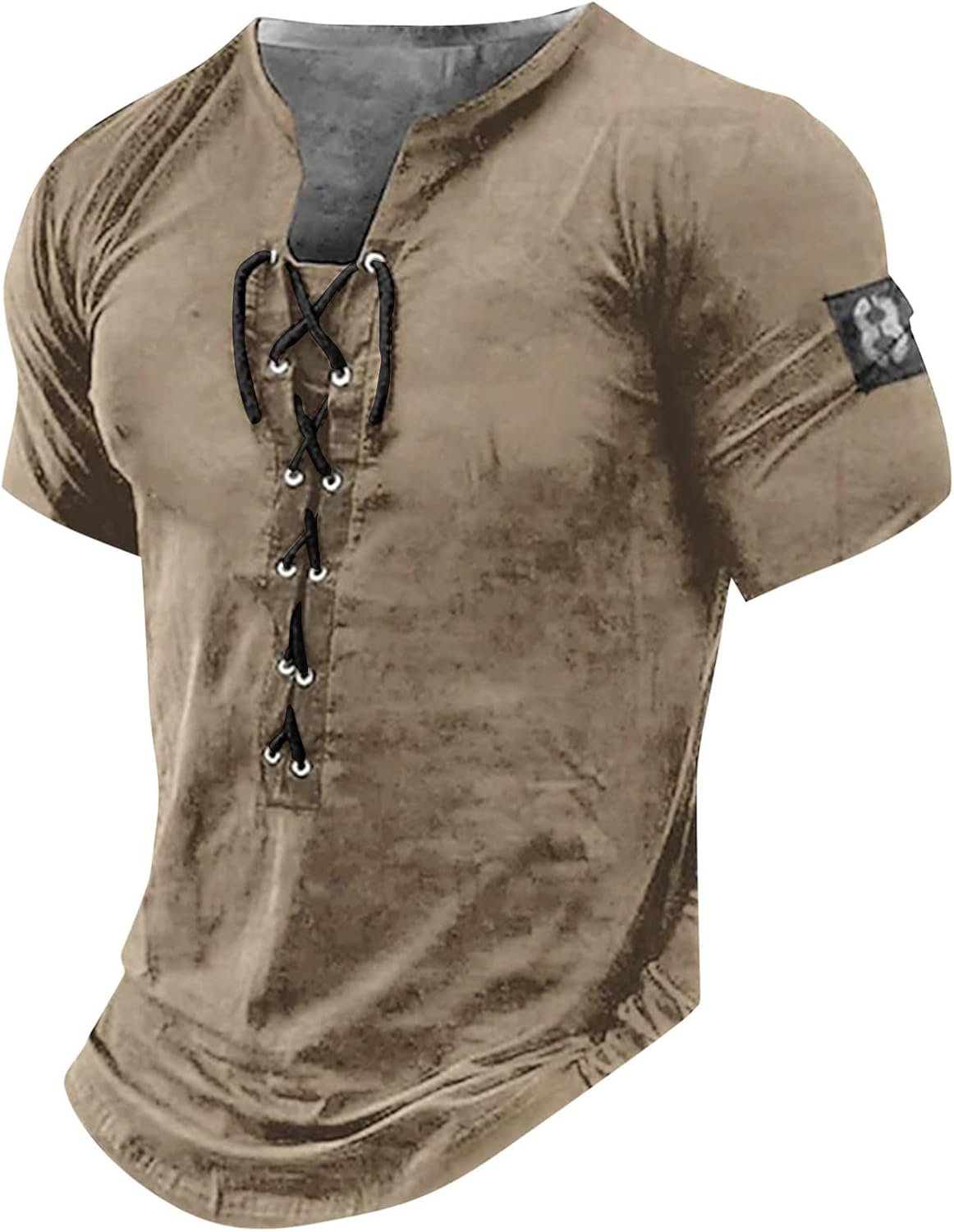 WENKOMG1 Pirate Shirt for Men Short Sleeve Distressed Summer V Neck Tees Retro Style Medieval Lace Up Henley Shirt