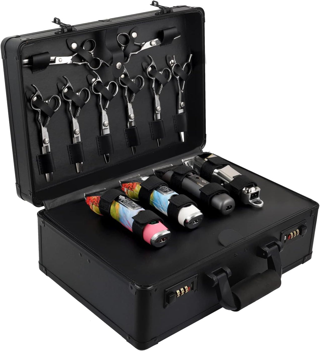 Barber Case Clipper Bag Black, Hair Kit Tool Box Aluminum Organizer with Portable Handle and Secure Numlock for Scissors, Clippers, Barber Supplies 15.8" x 11" x 6.5"