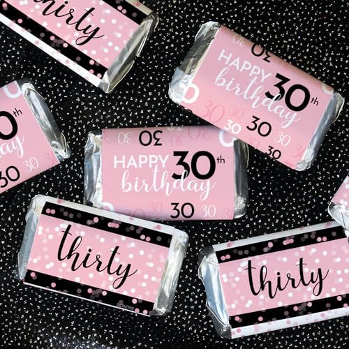 DISTINCTIVS Pink, Black, and White 30th Birthday Party Mini Candy Bar Wrappers - 42 Count