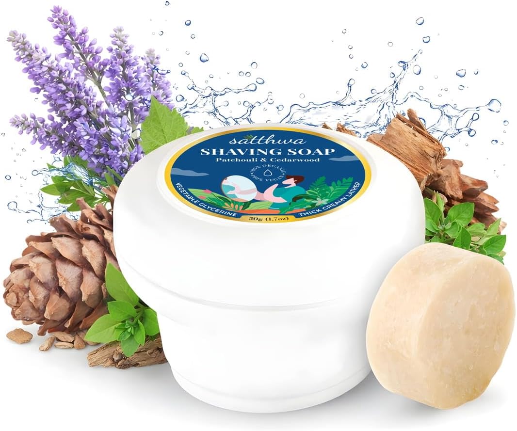 Satthwa Organic Shaving Soap Puck infused with Patchouli & Cedarwood | Create the Perfect Lather | Excellent for Silky Smooth Shaves | Hydrates and Shields, 50g (1.7oz)