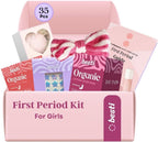 Besti First Period Kit for Girls (Ages 9-12) | Organic Pads & Liners, Pimple Patches, Bath Bomb, Lip Balm, Spa Headband & First Period Guide | Self-Care Gift Box for Teens – Menstrual Starter Kit