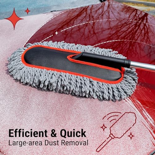 YeewayVeh Car Duster Exterior Scratch Free Microfiber Car Cleaning Brush, Extendable Handle Pollen and Dust Brush for Truck, SUV, Vehicles and Home Cleaning, Gray and Red