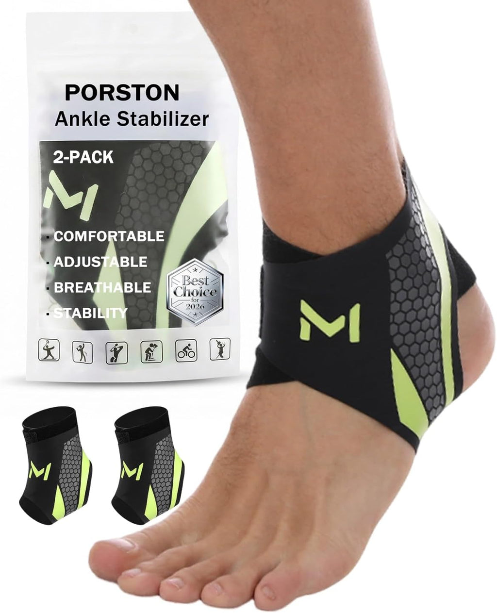 2-Pack Ankle Brace for Men & Women,Adjustable Lace up Ankles Sock,Basketball Ankle Stabilizer with Straps,Orthopedic Compression Sleeve for Plantar Fasciitis Relief,Tendonitis,Sprained(Green)